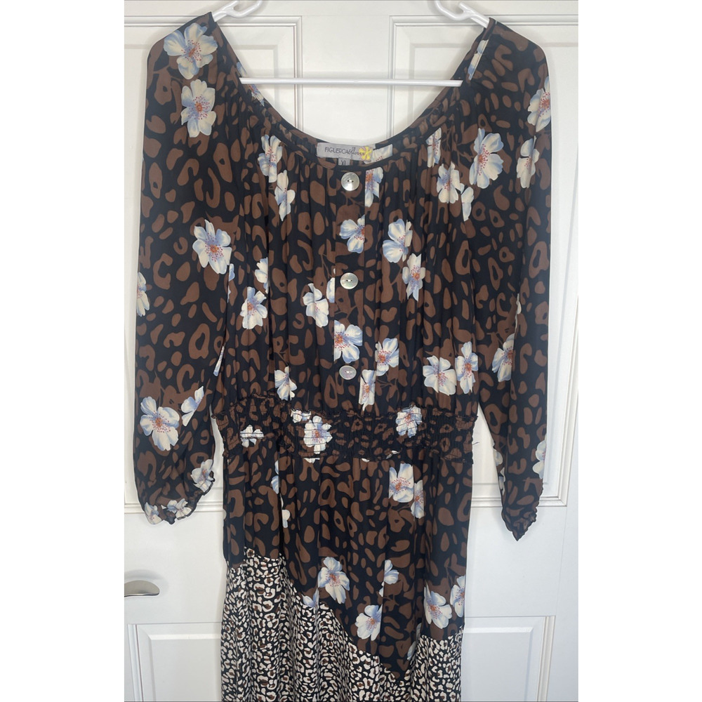 Figueroa & Flower Women's Boho Maxi Dress Sz XL Floral Animal Asymmetrical Hem - Picture 2 of 15